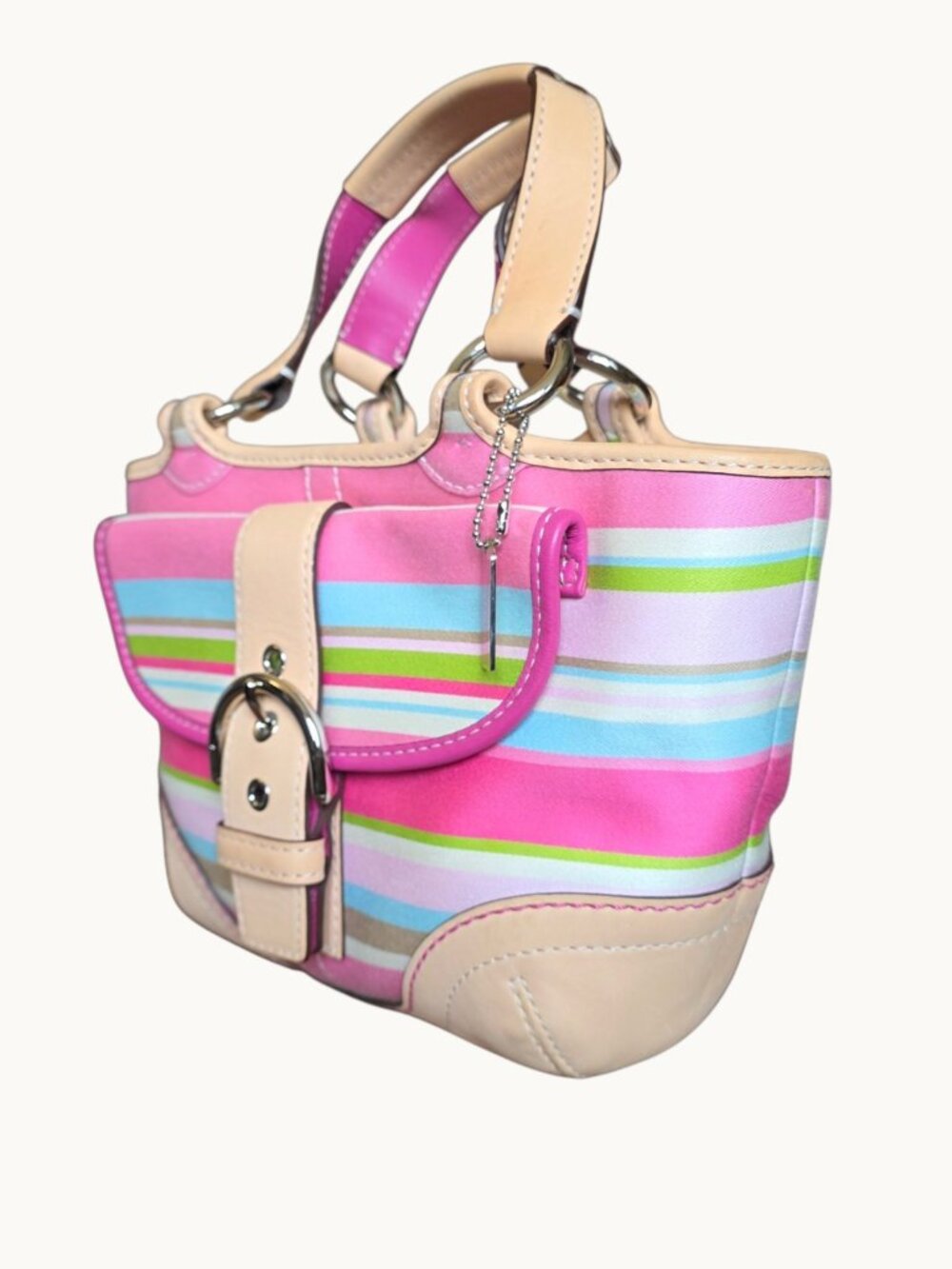Coach Hampton Soho Stripe Tote 1888 Pink Multi Vachetta Leather Satchel Bag - Picture 6 of 16